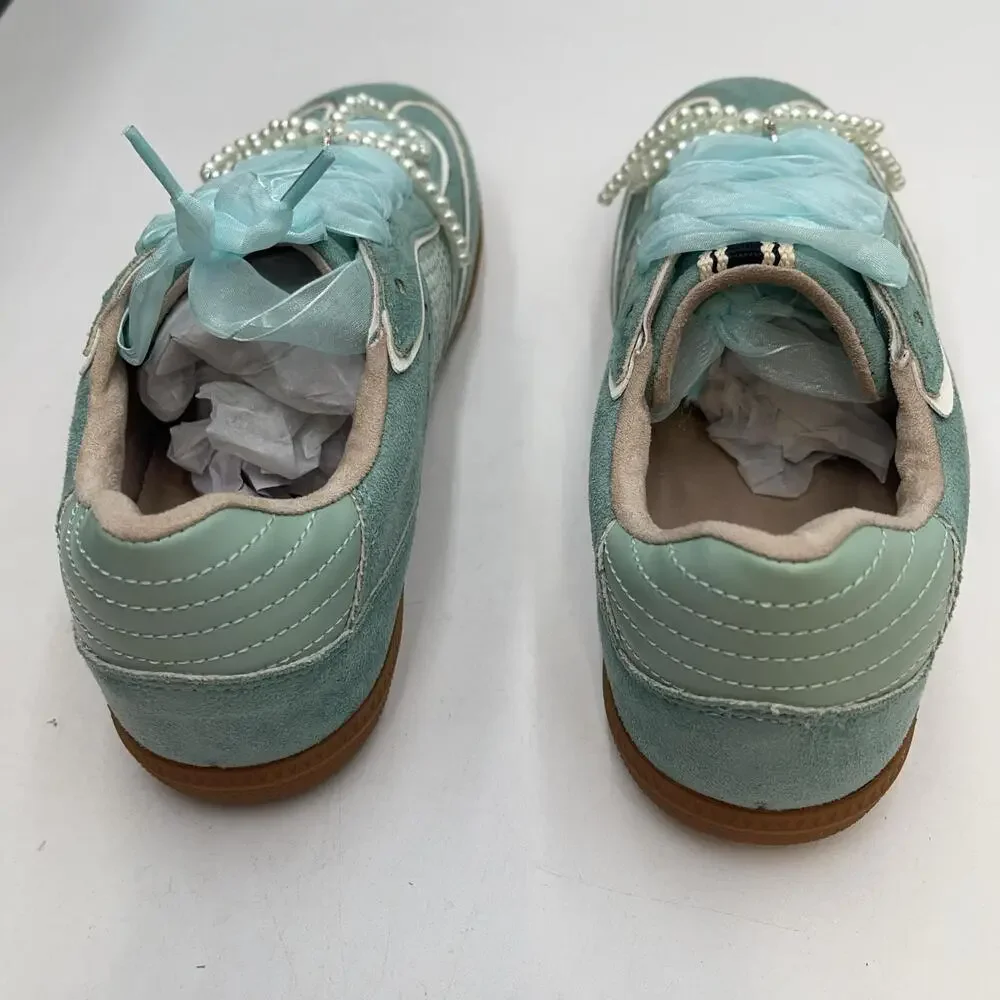 Aqua Suede Pearl Beaded Shoes Womens Low Top Casual Sneakers Sophie Size 8